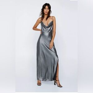 Nasty Gal floor length gray metallic dress